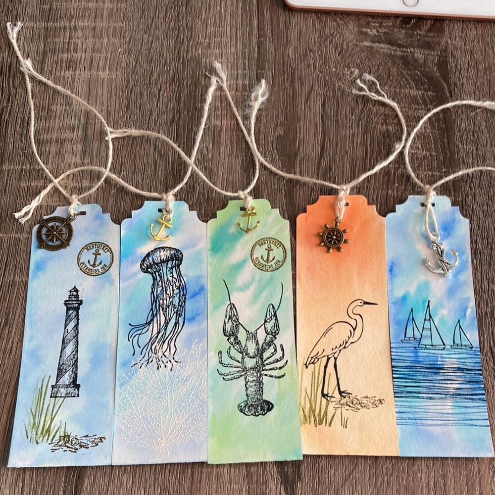5 pk Hand Crafted Detailed Nautical Bookmarks with CharmsWatercolor Emboss inked